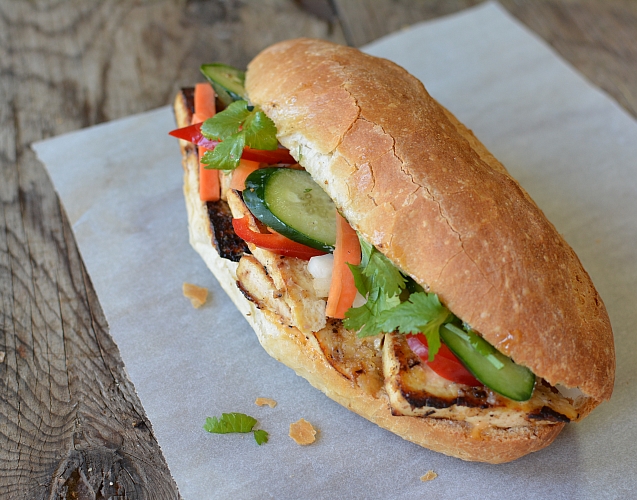 Banh Mi sandwich on wood table